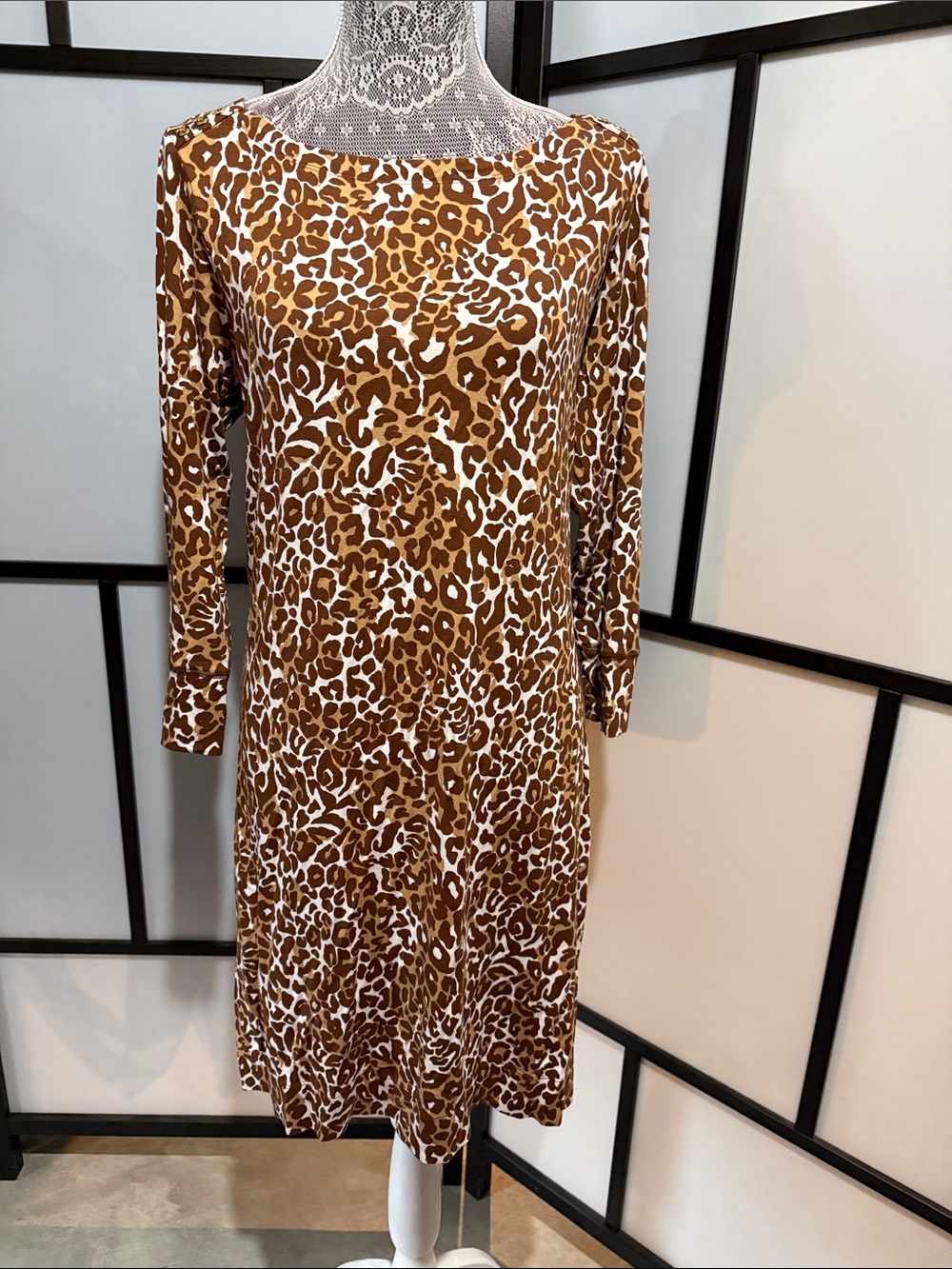 Lilly Pulitzer Brown and White Leopard-Print Long Sleeve Shift Dress